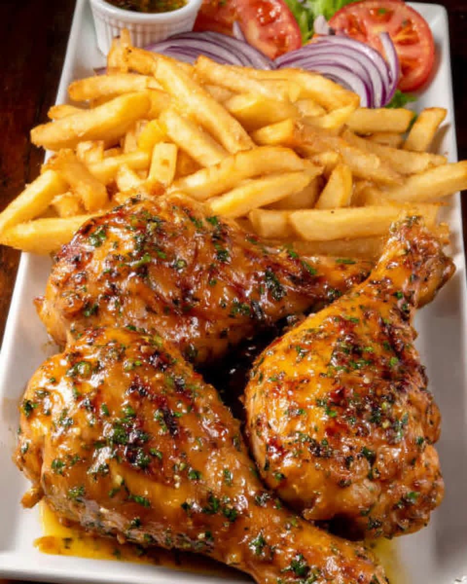 طبل مرغ سرخ شده با چیمیچوری و سیب زمینی سرخ شده
